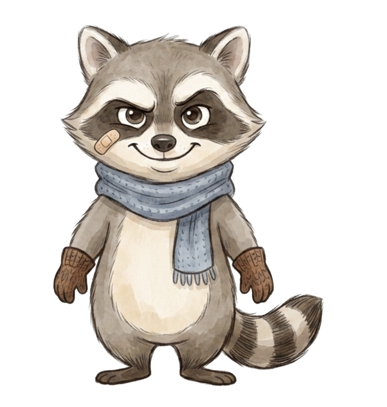 Rocco the raccoon with a sly smirk, fingerless gloves and a dusty-blue scarf